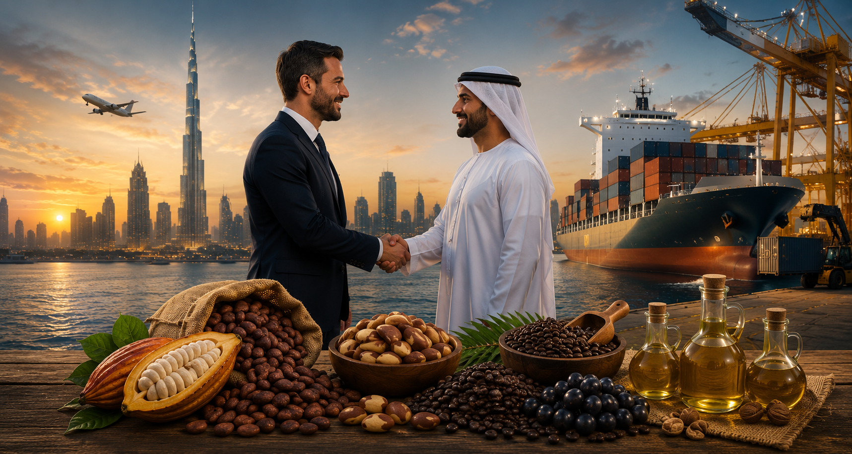 Trading Company Internacional Toplima Gold — aperto de mãos entre executivos brasileiro e emiradense em Dubai ao entardecer, com skyline de Burj Khalifa, navio porta-contêineres e produtos brasileiros premium em primeiro plano