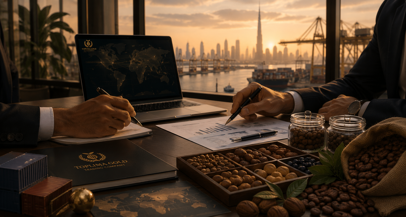 Mesa executiva com amostras de commodities brasileiras, mapa mundial e vista para o porto de Dubai ao pôr do sol