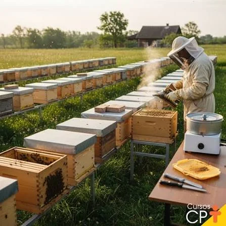 Apiário em campo brasileiro com colmeias em produção ativa.