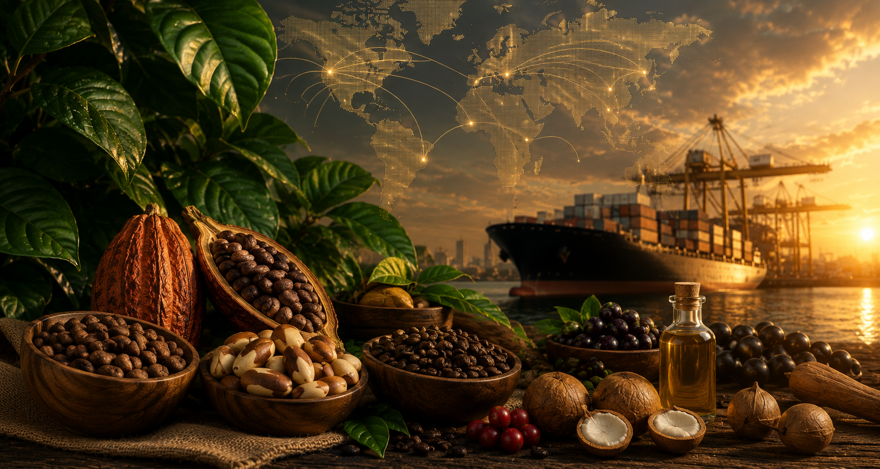Bodegón editorial de superalimentos amazônicos — açaí, castanha-do-pará, coco, óleos de babaçu e copaíba — sobre floresta ao amanhecer