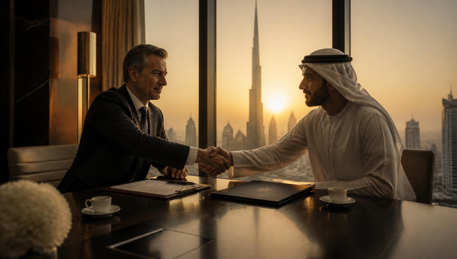 Reunião internacional Toplima Gold em Dubai — parceria comercial ao entardecer